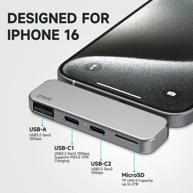 Alt view image 2 of 5 - ZIKE Z806 USB C Hub for iPhone, 4-in-1 Type-C Adapter for Data Transfer