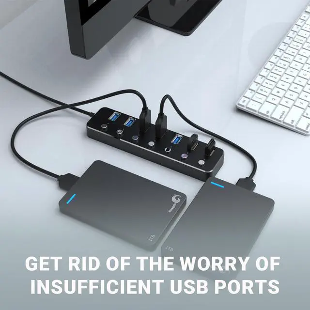 Alt view image 4 of 5 - USB 3.0 Hub 7 Port USB Hub with 2ft Long Cable Aluminum USB Hub for Laptop and PC with Individual On/Off Switch and LED Indicator