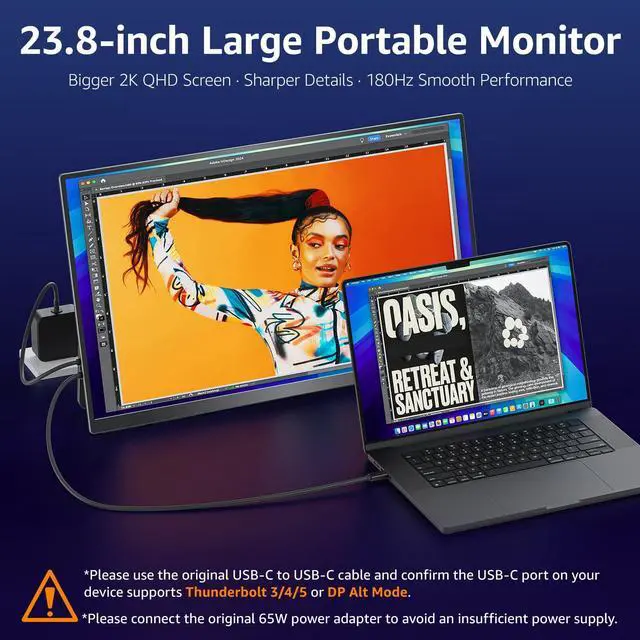 Alt view image 2 of 5 - VisionOwl Large Portable Monitor 23.8-Inch 2K QHD 180Hz Refresh Rate Laptop Monitor, 130% sRGB, IPS Panel, USB-C & HDMI for Laptop, PC, Mac, PS5, Xbox, Built-in Kickstand, Speakers, VESA Mountable