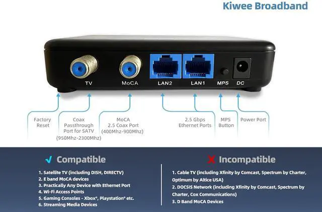 Alt view image 3 of 5 - MoCA 2.5 Adapter with Dual 2.5GbE Ports (2-Pack) | Extended E Band (400900MHz) | Satellite TV Compatible | 2.5Gbps Wired LAN for Streaming, Gaming, Mesh WiFi | Includes Cables | KB-M3-02E