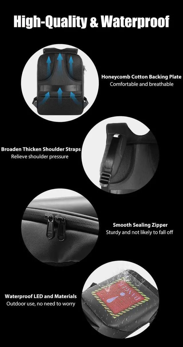 Alt view image 5 of 5 - MYKYLIN LED Backpack Waterproof with UHD 96 * 128 Pixel LED Display Screen, App Control Customized LED Bag for Motorcycle, 16-inch Laptop, Travel, Advertisement, Graffiti, School, Party (Black)