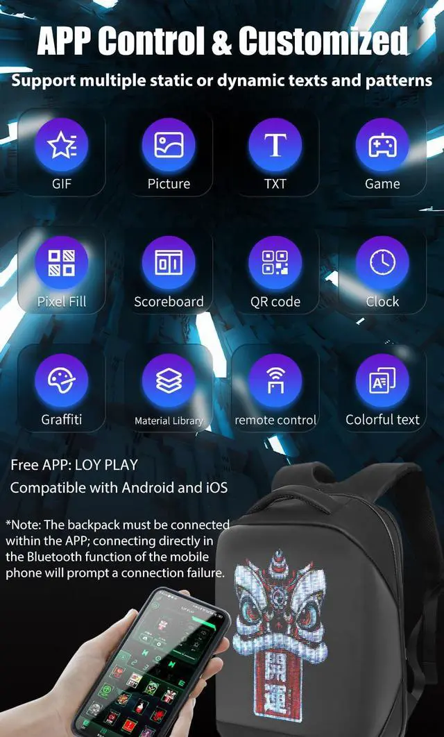 Alt view image 4 of 5 - MYKYLIN LED Backpack Waterproof with UHD 96 * 128 Pixel LED Display Screen, App Control Customized LED Bag for Motorcycle, 16-inch Laptop, Travel, Advertisement, Graffiti, School, Party (Black)