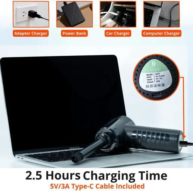 Alt view image 4 of 5 - LapStore 3-in-1 Electric Compressed Air Duster & Air Blower  53,000 RPM Motor, Rechargeable Cordless Air Cleaner for Electronics, Keyboards, PC & Car Detailing, Dual 2000 mAh Battery (Black)