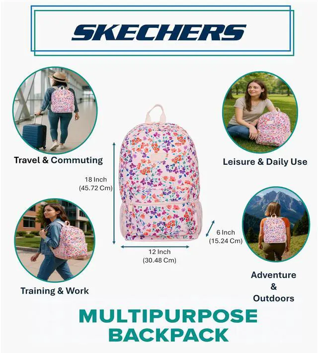Alt view image 3 of 5 - Skechers 365 Essential Travel Backpack for Women & Men, College Backpack, Laptop Bag, Multipurpose Back Pack & Book Bag (Floral)