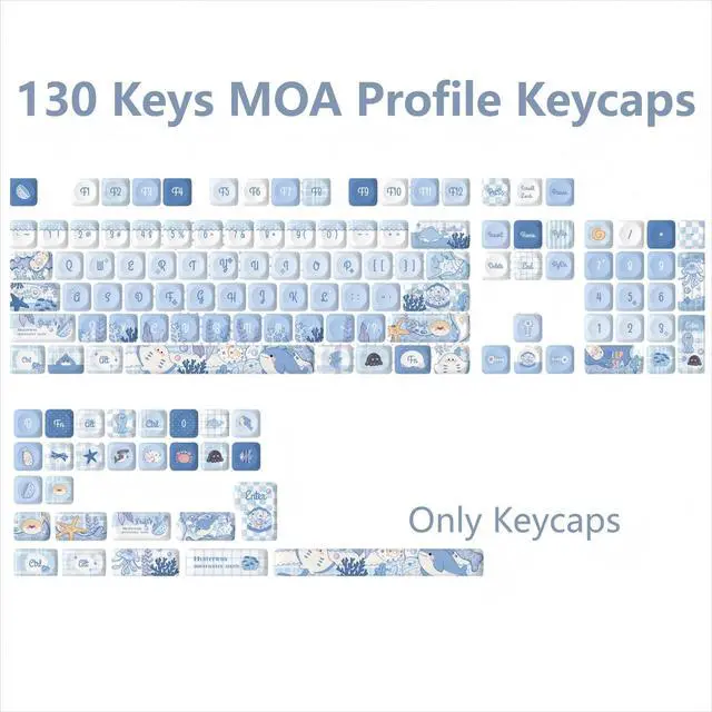 Alt view image 2 of 5 - GEKUCAP MOA Profile PBT Keycaps,130 Keys Blue Cute Keycap Set, Dye-Sublimation, MOA Profile, Anime Ocean Theme for US Layout Cherry MX Switches Mechanical Keyboard