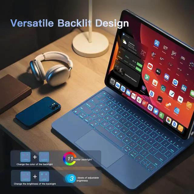 Alt view image 5 of 5 - RAYMCRAFT for ipad Pro 13 inch Case with keyboard (M5 2025 / M4 2024), Magic Keyboard with Pencil Buckle, 11 Colors Backlight, Stain-Resistant Surface, Multi-Touch Trackpad, Magnetic Stand, Steel Blue