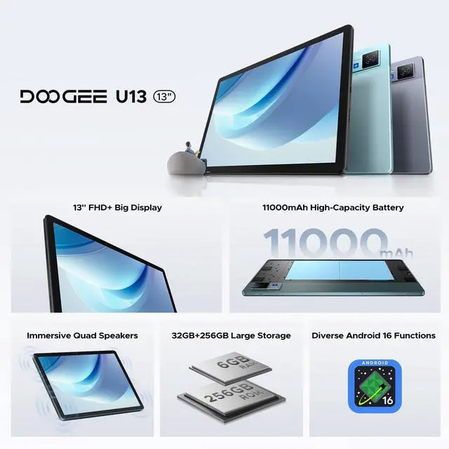 Alt view image 2 of 5 - DOOGEE U13 13 inch Tablet with Gemini AI,Android 16 Tablet,11000mAh Battery,32GB+256GB,2.2Ghz Octa-Core Processor,90Hz Display Gaming Tablets,13MP+8MP,7.9mm Ultra-Thin Body,Face Unlock,Black