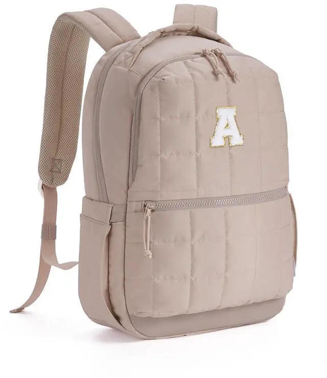 Main image of WANDF Initial Laptop Backpack for Women, Quilted Puffer 14 Inch College Backpack, Personalized Water-Resistant Travel Backpack Daypack (Khaki A)