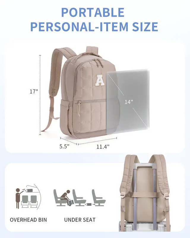 Alt view image 3 of 5 - WANDF Initial Laptop Backpack for Women, Quilted Puffer 14 Inch College Backpack, Personalized Water-Resistant Travel Backpack Daypack (Khaki A)