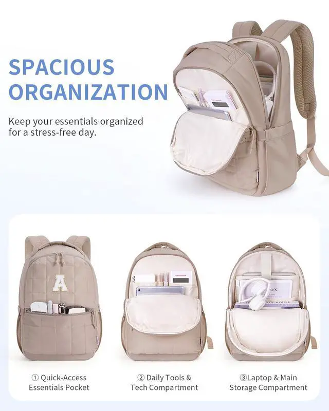 Alt view image 5 of 5 - WANDF Initial Laptop Backpack for Women, Quilted Puffer 14 Inch College Backpack, Personalized Water-Resistant Travel Backpack Daypack (Khaki A)