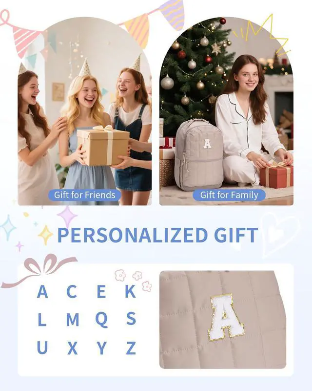 Alt view image 4 of 5 - WANDF Initial Laptop Backpack for Women, Quilted Puffer 14 Inch College Backpack, Personalized Water-Resistant Travel Backpack Daypack (Khaki A)