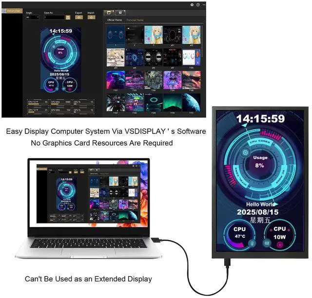 Alt view image 2 of 5 - VSDISPLAY 8 Inch 1280x800 IPS LCD Monitor Portable Small Display Supports Theme Edit for Computer PC Case Inside Screen Monitoring CPU GPU RAM Temp Data,Black