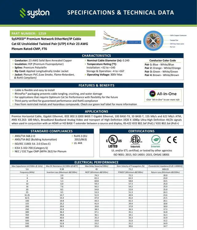 Alt view image 3 of 5 - Syston Cable Technology Cat 6E Ethernet Network Cable - 250 FT600MHz 23AWG Solid Bare Copper Wire Outdoor/Indoor, Bulk No Ends 10 Ft to 1000 Ft Available, Heat Resistant Plenum Rated - CMP