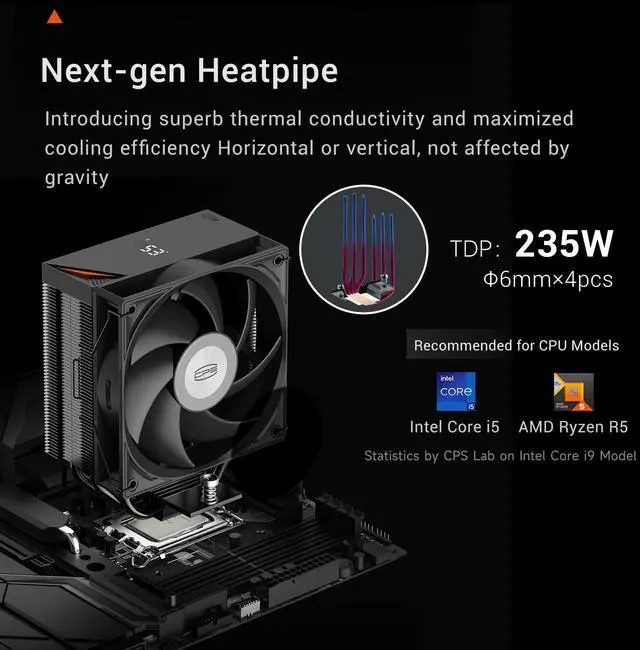 Alt view image 2 of 5 - PCCOOLER CPU Air Cooler with Digital Display, Non-RGB Version, 4 Heat Pipes, High-Performance Quiet Tower Cooler, LGA 115X/1200/1700/1851, AM4/AM5 (CPS RT400 Digital BK)