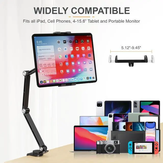 Alt view image 2 of 5 - Tablet Stand Holder, Adjustable Foldable Tablet Arm iPad Desk Mount with 360°Rotate Base, Phone Holder iPad Stand for Desk and Bed, Compatible with Tablets, Phones or Other 4-15.6" Device