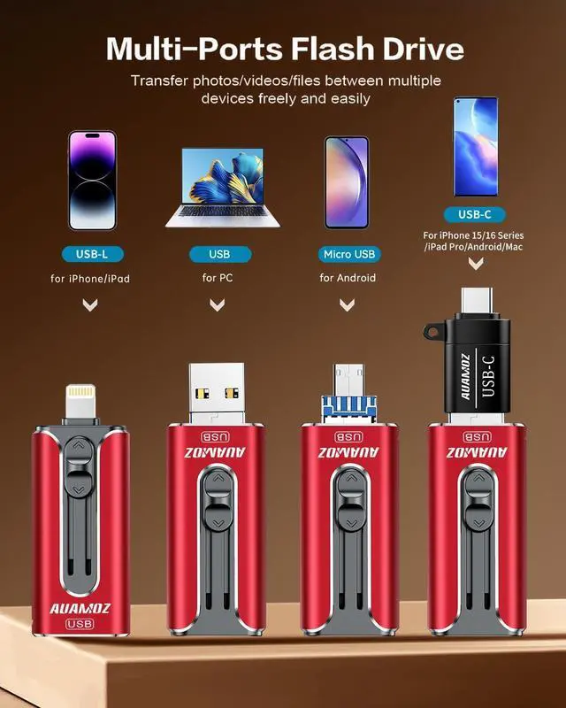 Alt view image 2 of 5 - AUAMOZ 512GB Flash Drive Intended for iPhone, Memory Stick Storage Files Photos Videos Backup, Compatible with iPhone iPad Android PC, Plug and Play, No Application Required (Red)