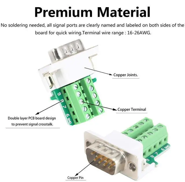 Alt view image 2 of 5 - BIFALE DB9 Breakout Connector (3 Male+3 Female), DB9 Solderless Connector RS232 D-SUB Serial Adapters 16mm thinner 9 Pin Port Terminal Breakout Board with Case Long Bolts Tail Pipe