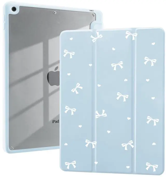 Main image of White Bowknot Case for iPad mini 7 (A17 Pro) 2024 / iPad mini 6 2021 8.3 Inch with Pencil Holder Trifold Stand Blue Leather Aesthetic Girly Cover Clear Back Auto Wake/Sleep