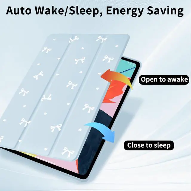 Alt view image 4 of 5 - White Bowknot Case for iPad mini 7 (A17 Pro) 2024 / iPad mini 6 2021 8.3 Inch with Pencil Holder Trifold Stand Blue Leather Aesthetic Girly Cover Clear Back Auto Wake/Sleep