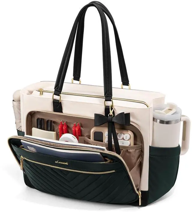 Main image of LOVEVOOK Laptop Tote Bag for Women, Work Bag Teacher Tote with Large Cup Holder, Quilted Nurse Diaper Bag for Travel, Computer Women's handbags for Teacher gift, Dark green-beige-black, 15.6 Inch