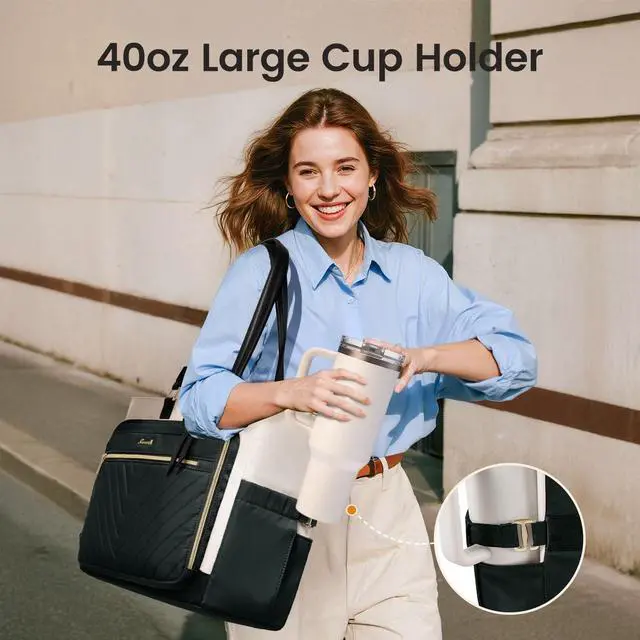 Alt view image 2 of 5 - LOVEVOOK Laptop Tote Bag for Women, Work Bag Teacher Tote with Large Cup Holder, Quilted Nurse Diaper Bag for Travel, Computer Women's handbags for Teacher gift, Dark green-beige-black, 15.6 Inch