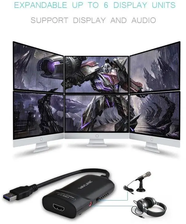 Alt view image 2 of 5 - WAVLINK USB 3.0 to HDMI Adapter for Multiple Displays, 2K (2048x1152), Up to 6 Monitors, DisplayLink Certified, External Video Graphics Card Adapter with Audio Port for Windows,Mac OS,Chrome OS