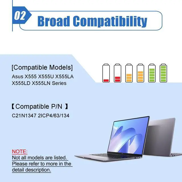 Alt view image 3 of 5 - Dentsing C21N1347 Battery Replace for ASUS X555 X555LA X555LD X555LN X555L X555LB X555LF X555LI X555LJ X555LP X555U X555SJ X555YI A555 A555L F555 X555LD4030 A555LD4210 Series 2ICP4/63/134 7.6V 38Wh