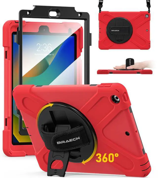 Main image of BRAECN for iPad 9th Generation Case, iPad 10.2 Case with Built in Screen Protector, Hand Strap, Swiveling Stand, Shoulder Straps, Heavy Duty Rugged Case for iPad 8th/7th Gen 10.2 Inch-Red