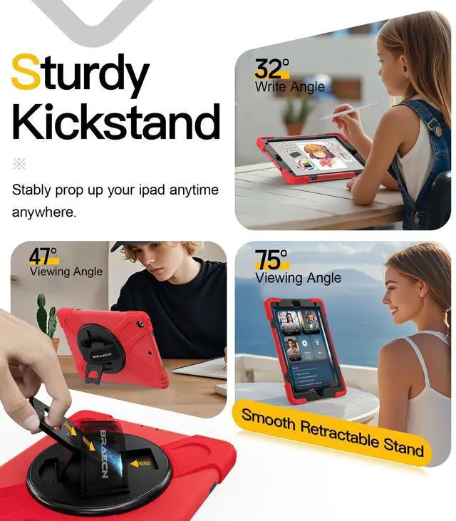 Alt view image 3 of 5 - BRAECN for iPad 9th Generation Case, iPad 10.2 Case with Built in Screen Protector, Hand Strap, Swiveling Stand, Shoulder Straps, Heavy Duty Rugged Case for iPad 8th/7th Gen 10.2 Inch-Red