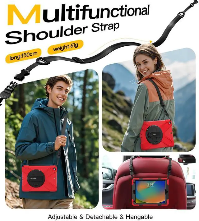 Alt view image 5 of 5 - BRAECN for iPad 9th Generation Case, iPad 10.2 Case with Built in Screen Protector, Hand Strap, Swiveling Stand, Shoulder Straps, Heavy Duty Rugged Case for iPad 8th/7th Gen 10.2 Inch-Red