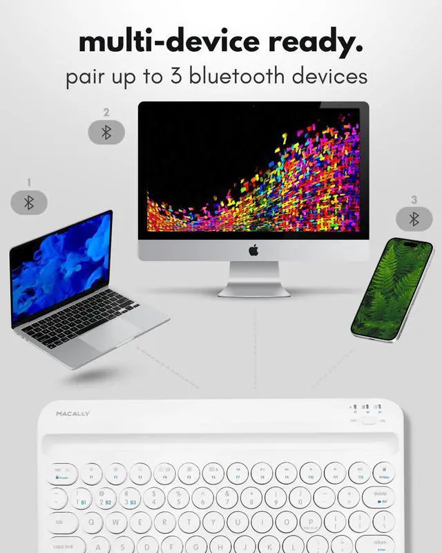 Alt view image 3 of 5 - Macally Bluetooth Keyboard for Tablet | Wireless Keyboard for iPad mini/Air/Mini, iPhone (Multi-Device, Built-in Stand, Rechargeable) Easy to Use and Cute Portable - White