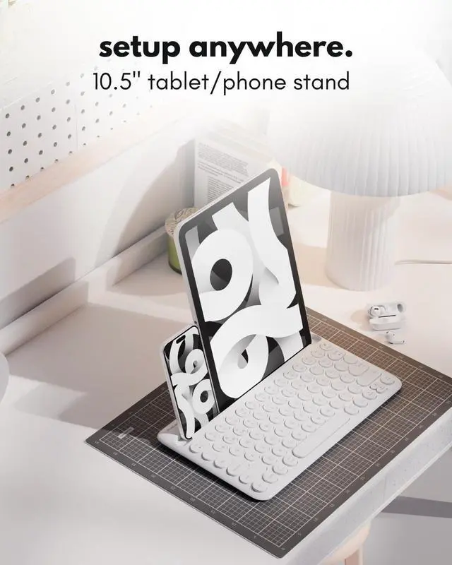 Alt view image 4 of 5 - Macally Bluetooth Keyboard for Tablet | Wireless Keyboard for iPad mini/Air/Mini, iPhone (Multi-Device, Built-in Stand, Rechargeable) Easy to Use and Cute Portable - White