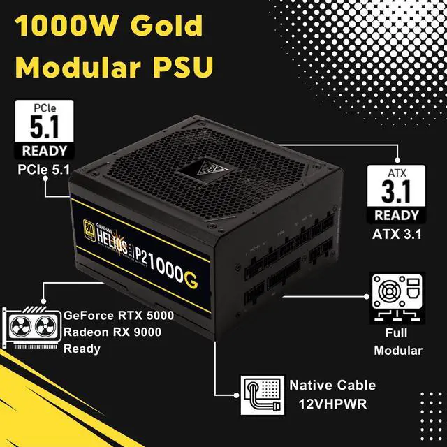 Alt view image 2 of 5 - GAMDIAS PCIe 5.1 & ATX3.1 Gold 1000W Power Supply for GeForce RTX 5000 Series, 1000W Fully Modular ATX 80 Plus Gold Computer PSU for Gaming PC Desktops, Low-Noise Fan, HELIOS P2-1000G