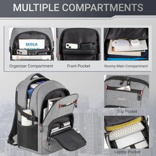 Alt view image 2 of 5 - Velaybor 48L Expandable Laptop Backpack, Anti-thief Travel Backpack with USB Charging Port, Airline Approved Business Waterproof Carry on Luggage, Fits 17.3" Laptop for Men Women