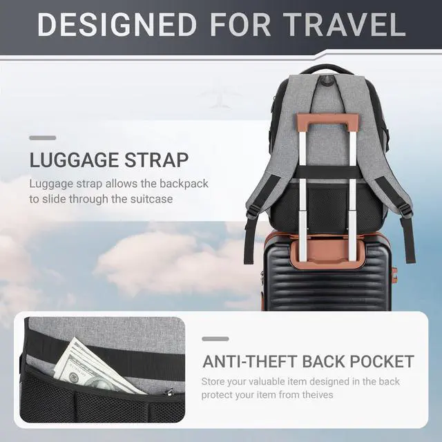 Alt view image 4 of 5 - Velaybor 48L Expandable Laptop Backpack, Anti-thief Travel Backpack with USB Charging Port, Airline Approved Business Waterproof Carry on Luggage, Fits 17.3" Laptop for Men Women