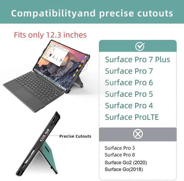 Alt view image 2 of 5 - Case for 12.3" Microsoft Surface Pro 7+/7/6/5/4/Pro LTE Protective Rugged Cover Case, with Stylus Pen Holder and Hand Strap, Compatible with Type Cover Keyboard, Cyan