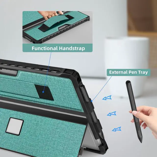 Alt view image 4 of 5 - Case for 12.3" Microsoft Surface Pro 7+/7/6/5/4/Pro LTE Protective Rugged Cover Case, with Stylus Pen Holder and Hand Strap, Compatible with Type Cover Keyboard, Cyan