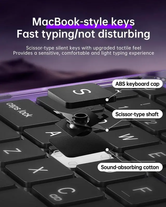 Alt view image 4 of 5 - Auupgo Transparent Keyboard Case with Trackpad for iPad 11th Gen A16 (2025) & 10th Gen 10.9" (2022), 7-Color Backlit Wireless Bluetooth Keyboard with 360 Rotating Stand & Pencil Holder, Purple