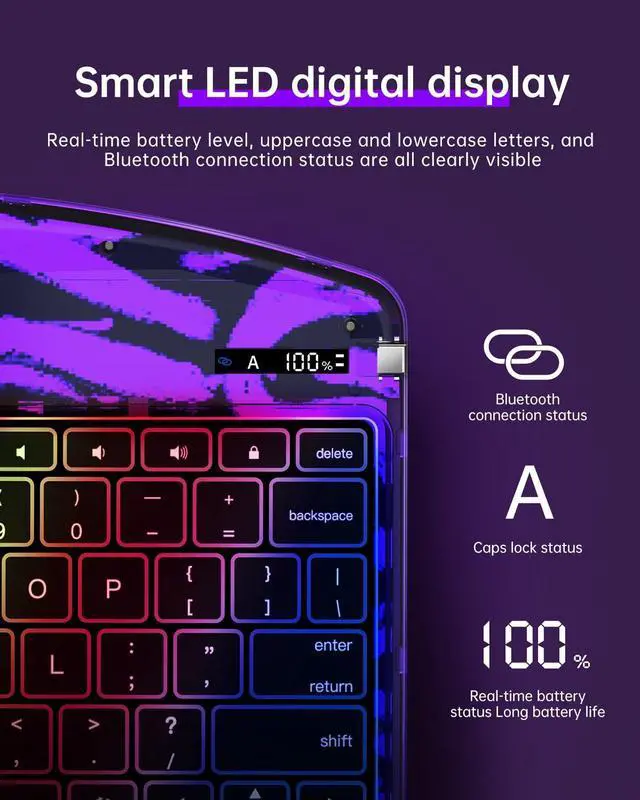Alt view image 5 of 5 - Auupgo Transparent Keyboard Case with Trackpad for iPad 11th Gen A16 (2025) & 10th Gen 10.9" (2022), 7-Color Backlit Wireless Bluetooth Keyboard with 360 Rotating Stand & Pencil Holder, Purple