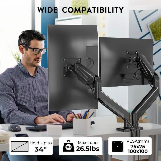 Alt view image 3 of 5 - BONTEC Dual Monitor Stand for 15-34 Inch Screens, Gas Spring Adjustable Monitor Arm, Full Motion VESA 75x75/100x100mm Desk Mount with Tilt, Swivel, Rotation, Ergonomic Design for Home Office or Gaming