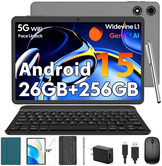 Main image of 10 Inch Android 15 Tablet with Keyboard, 26GB RAM+256GB ROM(2TB Expand), 2-in-1 Tablet with 8000mAh Battery, 2.4G/5G WiFi, Widevine L1, Dual Camera, Split Screen, Mouse, Stylus, Case(Green Case)