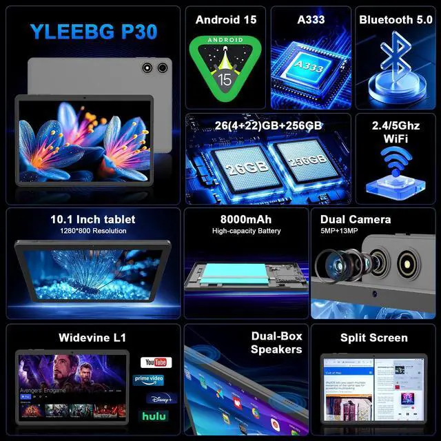 Alt view image 2 of 5 - 10 Inch Android 15 Tablet with Keyboard, 26GB RAM+256GB ROM(2TB Expand), 2-in-1 Tablet with 8000mAh Battery, 2.4G/5G WiFi, Widevine L1, Dual Camera, Split Screen, Mouse, Stylus, Case(Green Case)