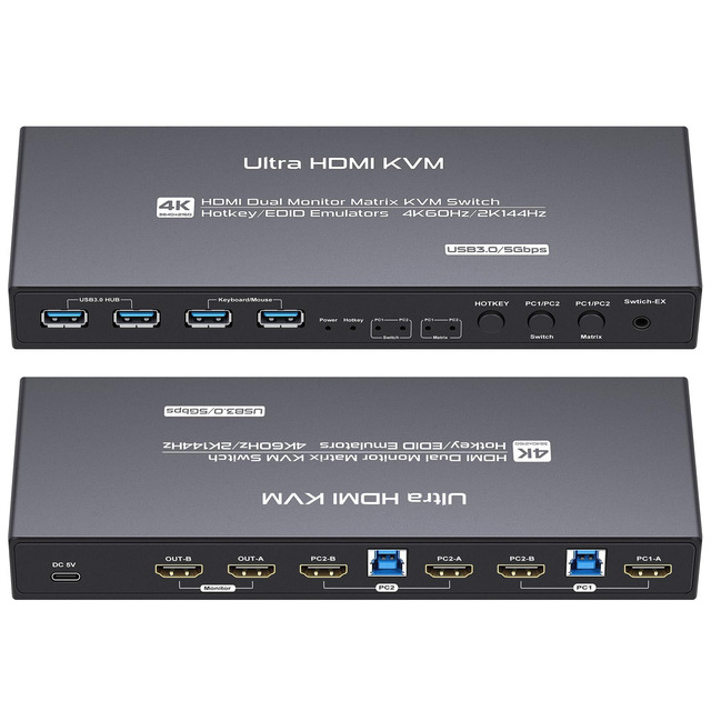 thumbnail image 2 of HDMI KVM Switch 2 Monitors 2 Computers - 2K 144Hz Matrix With EDID Emulator 2 of 9