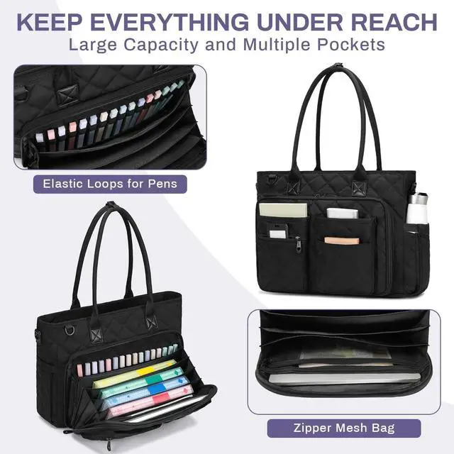 Alt view image 3 of 5 - Teacher Tote Bag for Women, Large Teacher Work Bag with Accordion File Organizer Pocket, 15.6 inch Laptop Briefcase for Office, College, Nursing, Black