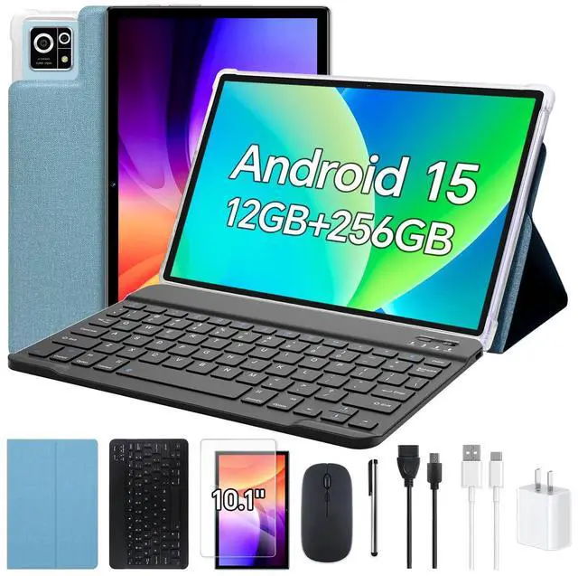 Main image of FEEDOGEE Android Tablet, 10 inch IPS Touchscreen with Case, Android 15 with Octa-core Processor, 12GB RAM 256GB ROM Tablet with Keyboard, 8000mAh Battery, 5MP+13MP Dual Camera, Type-C Port, Blue