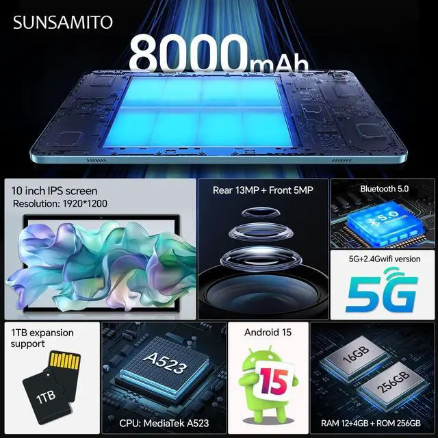 Alt view image 2 of 5 - FEEDOGEE Android Tablet, 10 inch IPS Touchscreen with Case, Android 15 with Octa-core Processor, 12GB RAM 256GB ROM Tablet with Keyboard, 8000mAh Battery, 5MP+13MP Dual Camera, Type-C Port, Blue