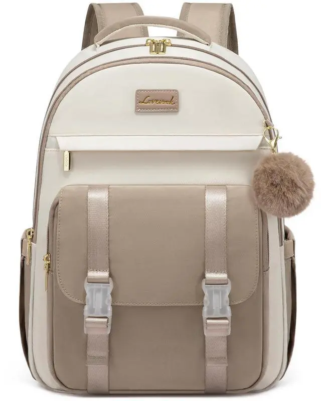 LOVEVOOK School Backpack for Teen Girls, Cute Student Backpack Purse Kid Bookbag for 14-16 Teenage, Back to School Backpacks Fit 15.6 Inch Laptop, Large College Travel Bag, Beige-Khaki