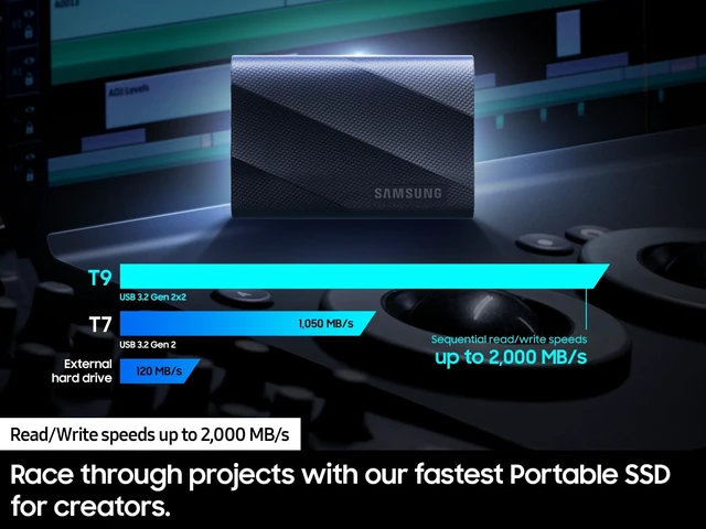 Alt view image 3 of 5 - Samsung T9 Portable SSD 1TB, USB 3.2 Gen 2x2 External SSD, Up to 2,000 MB/s