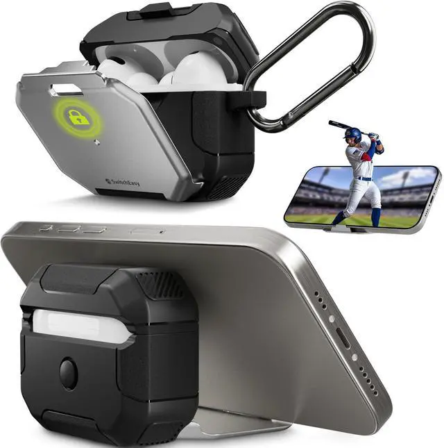 Main image of SwitchEasy Defender for AirPods Pro 2 Case with Lock, Military-Grade Hard Shell, Built-in Stand, Shockproof Drop Protection, Carabiner for AirPods Pro 2nd/1st Gen (Silver)