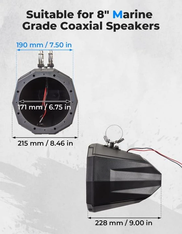 Alt view image 5 of 5 - KEMIMOTO Upgraded 8" Speaker Pod Enclosure A Pairs Fit 1.5"- 2" Roll Bar Compatible with Polaris RZR Ranger Can-Am Maverick X3, Boats UTV 8-Inch Speaker Cage Pods